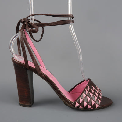 BOTTEGA VENETA Size 7 Brown & Pink Leather Ankle Tie Sandals