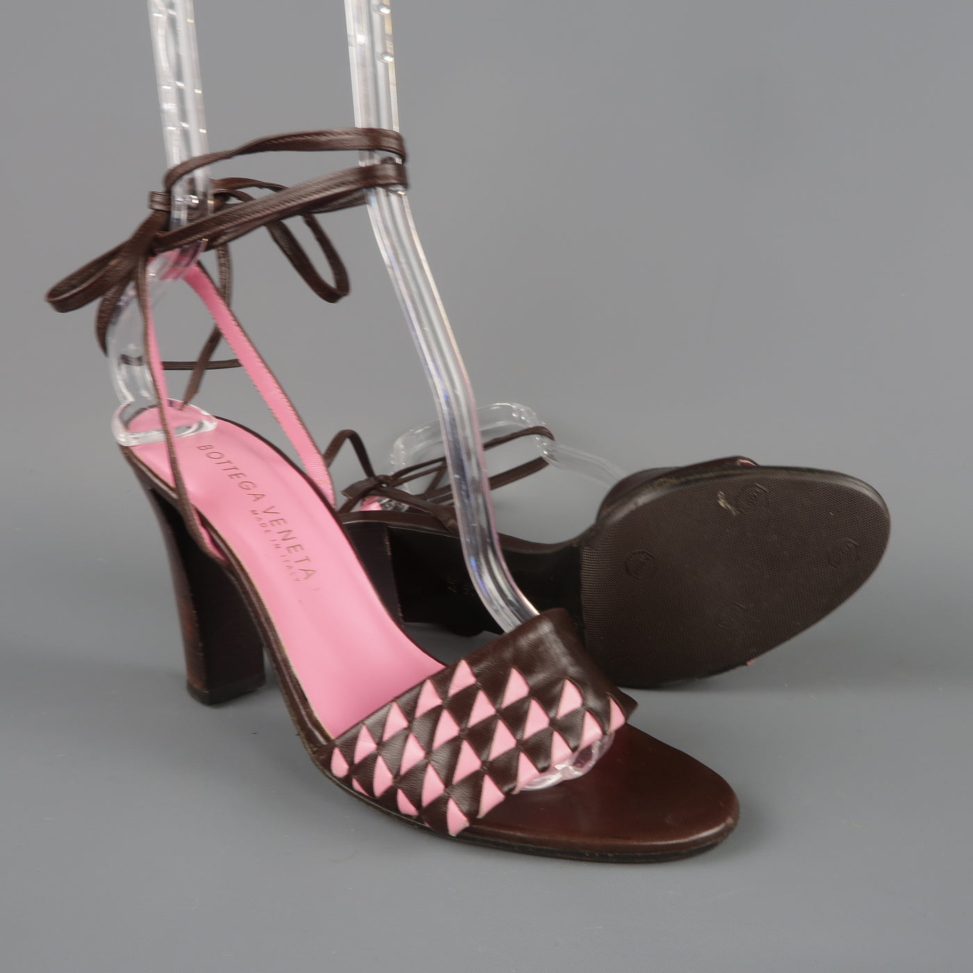 BOTTEGA VENETA Size 7 Brown & Pink Leather Ankle Tie Sandals