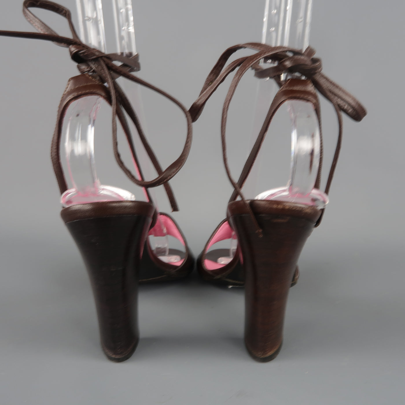 BOTTEGA VENETA Size 7 Brown & Pink Leather Ankle Tie Sandals