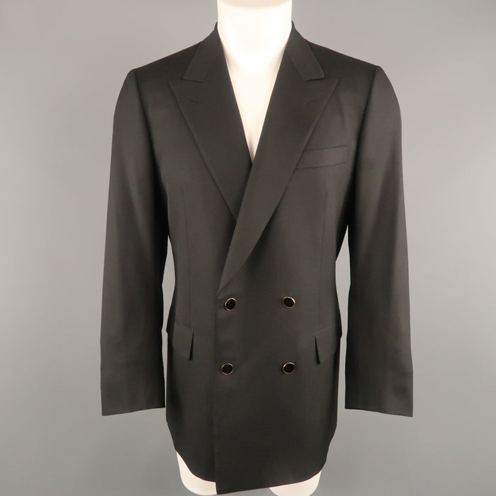 BRIONI 40 Regular Black Wool Peak Lapel Double Breasted Gold Button Sport Coat