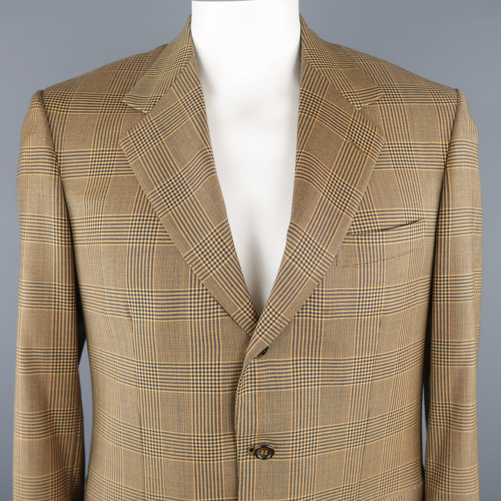BRIONI 40 Regular Gold & Navy Plaid Wool Sport Coat