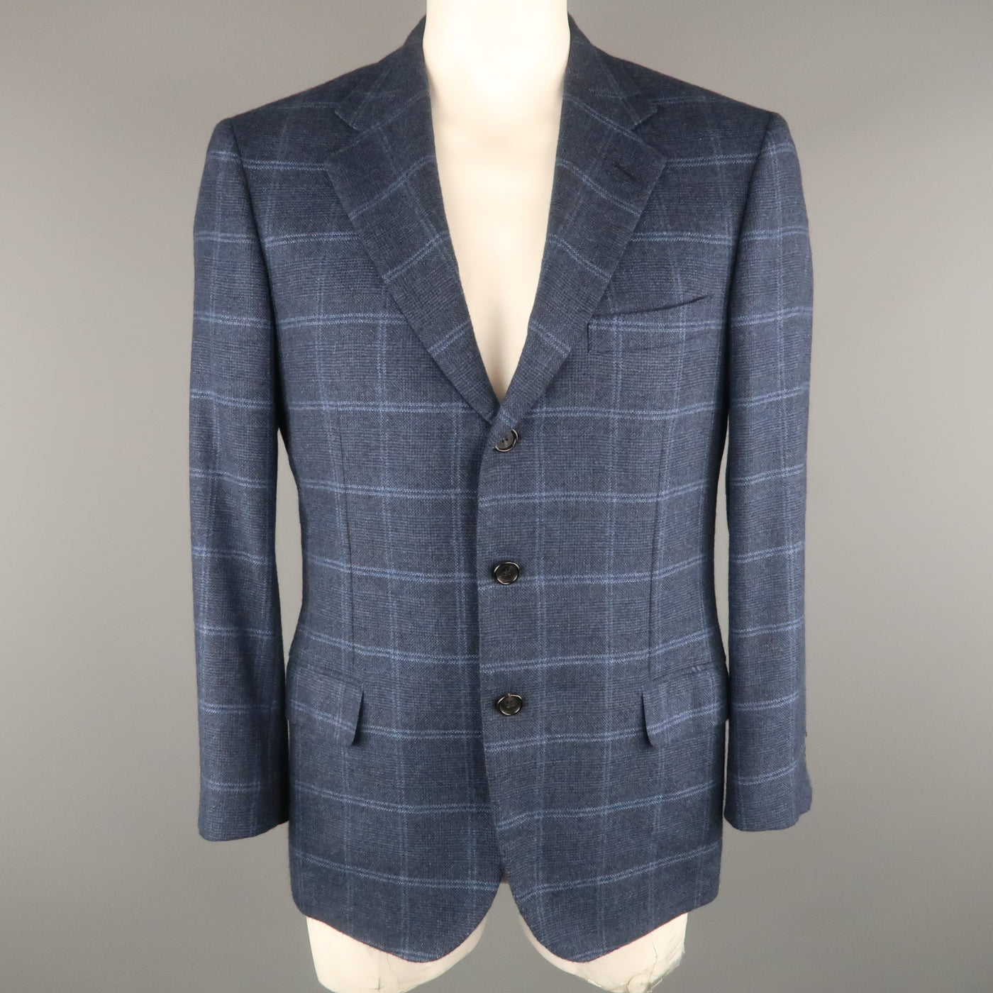 BRIONI 42 Regular Navy Window Pane Cashmere Notch Lapel  Sport Coat