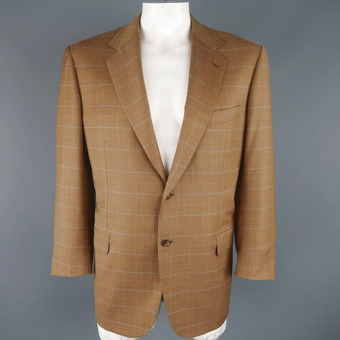 BRIONI 44 Golden Tan Window Pane Wool Two Button Sport Coat