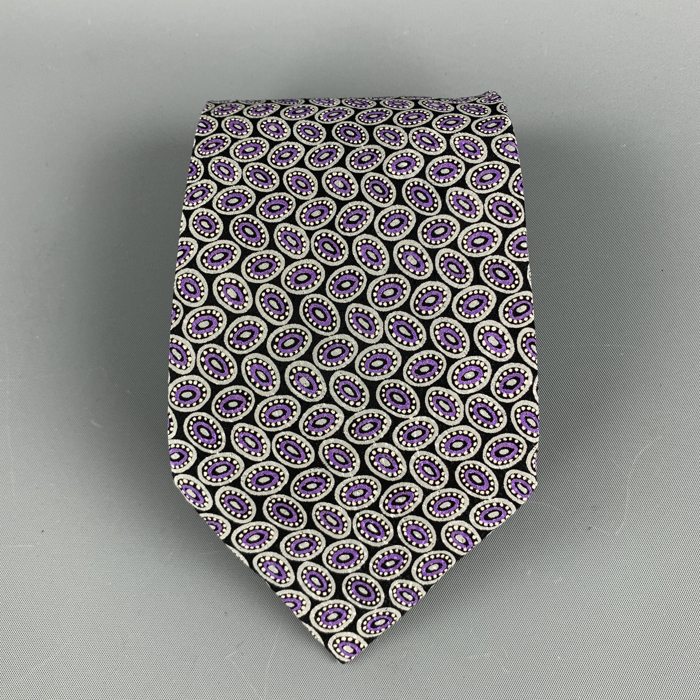 BRIONI Black & Purple Silk Dots Handmade Tie