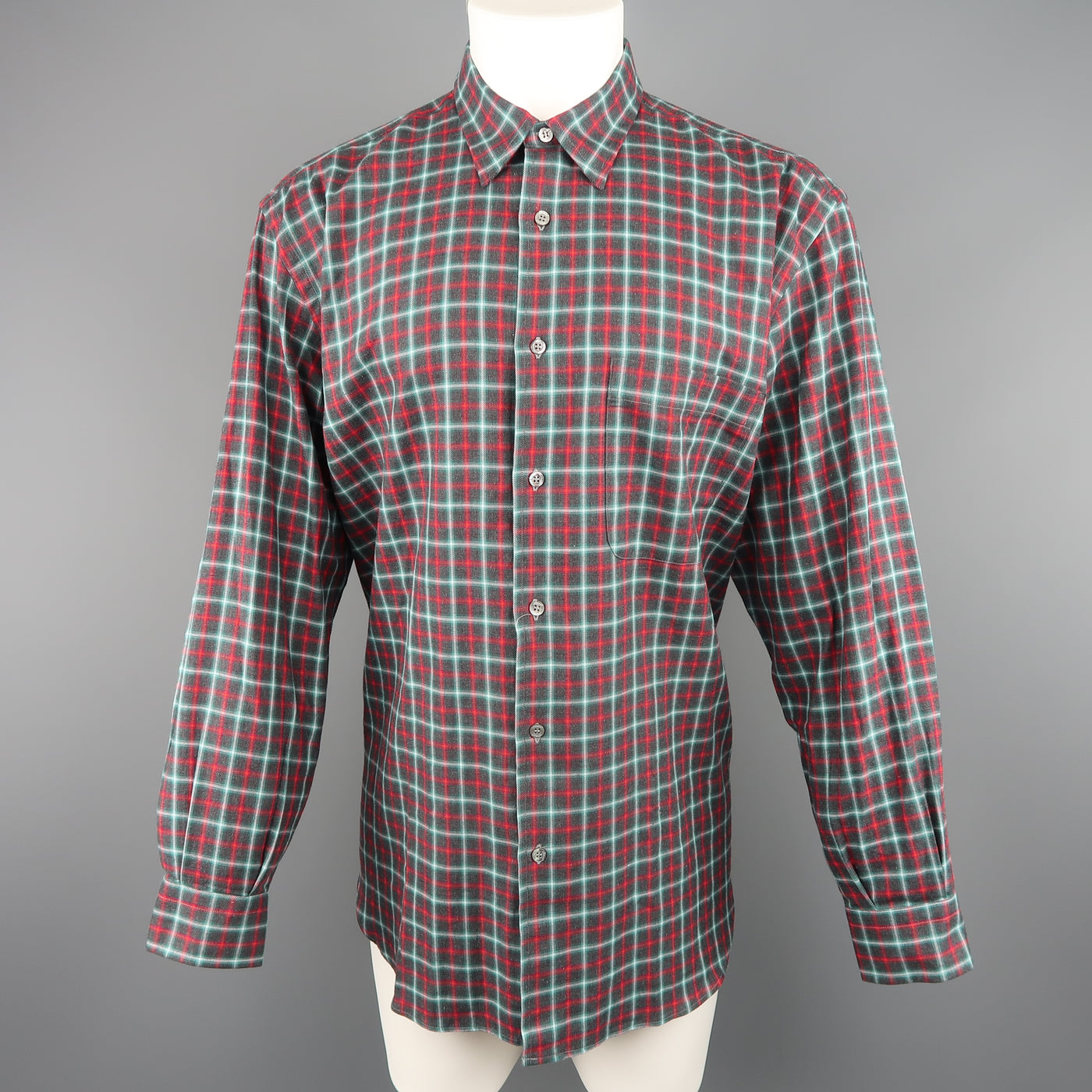 BRIONI SPORT Size L Olive & Red Plaid Cotton Flannel Long Sleeve Shirt