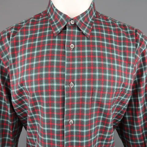 BRIONI SPORT Size L Olive & Red Plaid Cotton Flannel Long Sleeve Shirt BRIONI SPORT