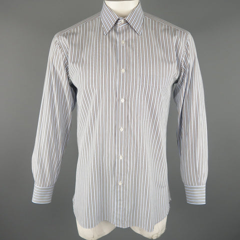 BRIONI Size L Light Blue Stripe Cotton Long Sleeve Shirt BRIONI