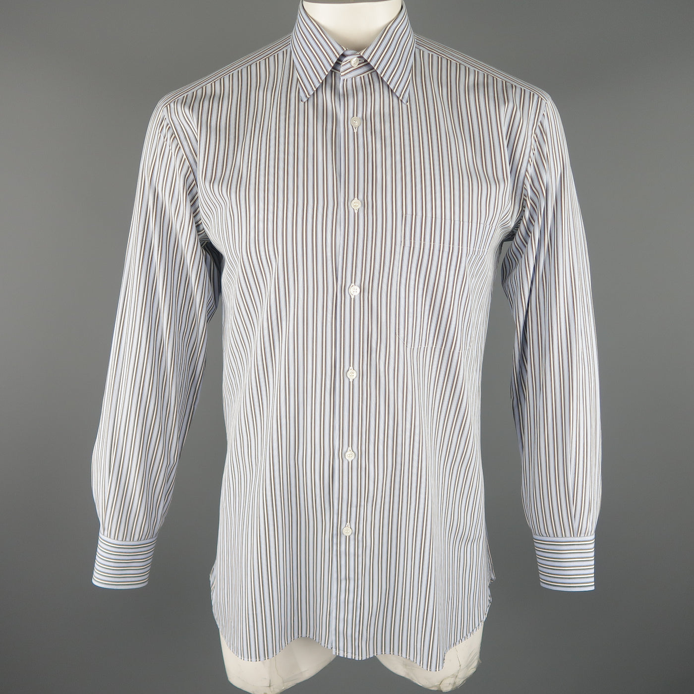 BRIONI Size L Light Blue Stripe Cotton Long Sleeve Shirt