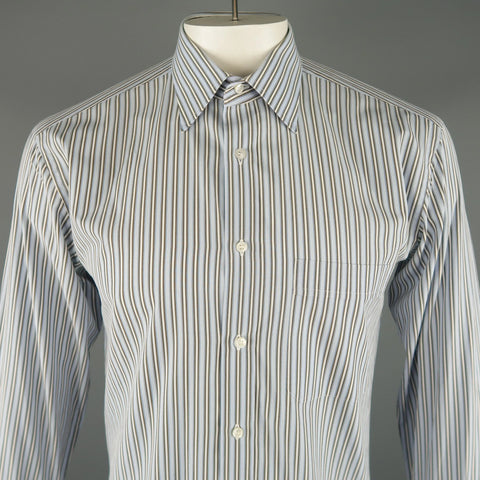 BRIONI Size L Light Blue Stripe Cotton Long Sleeve Shirt BRIONI