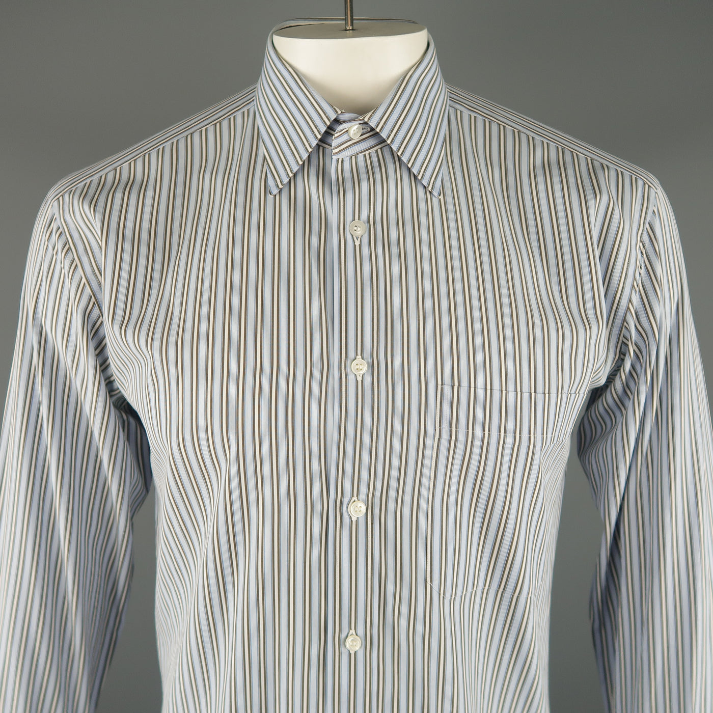 BRIONI Size L Light Blue Stripe Cotton Long Sleeve Shirt