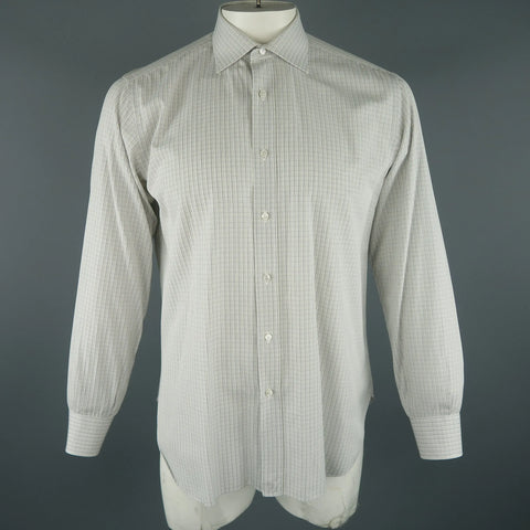 BRIONI Size L White Window Pane Cotton Dress Shirt BRIONI