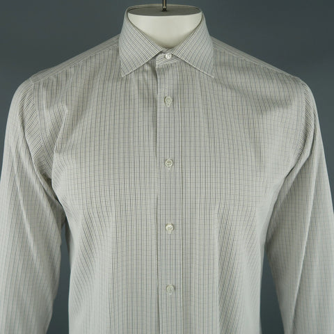 BRIONI Size L White Window Pane Cotton Dress Shirt BRIONI