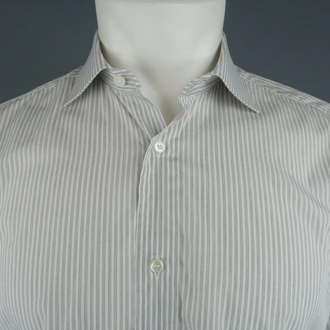 BRIONI Size M Gray Stripe Cotton Long Sleeve French Cuff Shirt BRIONI