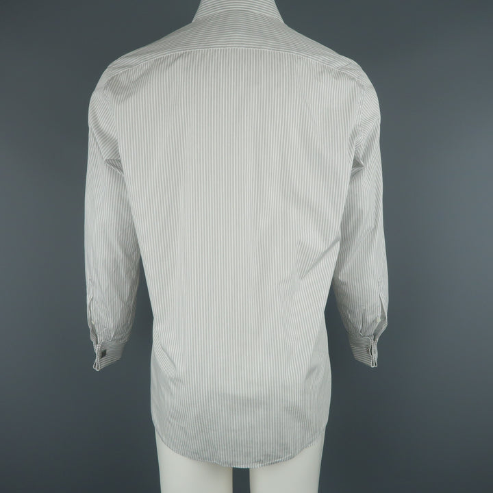 BRIONI Size M Gray Stripe Cotton Long Sleeve French Cuff Shirt