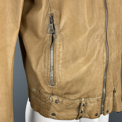 BROGDEN M Tan Distressed Leather Motorcycle Jacket