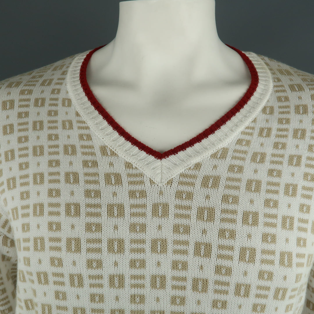 BROOKS BROTHERS Size XXL White & Beige Print Cotton V-Neck Sweater