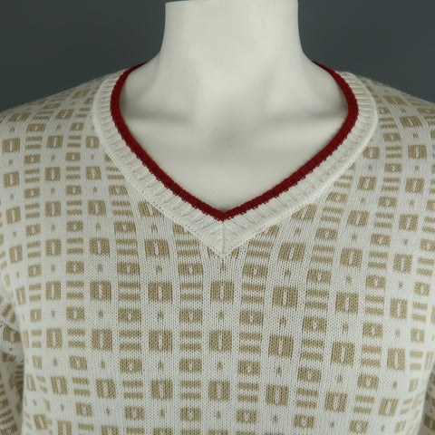 BROOKS BROTHERS Size XXL White & Beige Print Cotton V-Neck Sweater