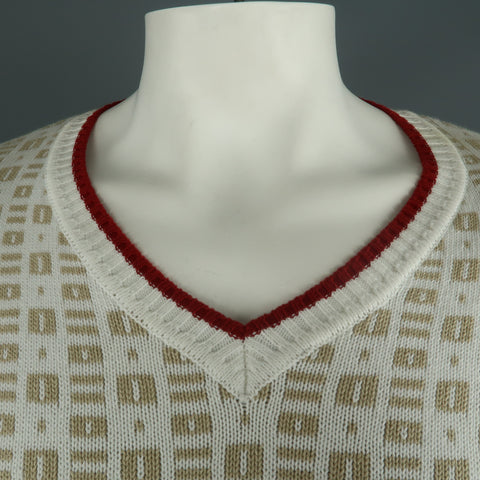 BROOKS BROTHERS Size XXL White & Beige Print Cotton V-Neck Sweater