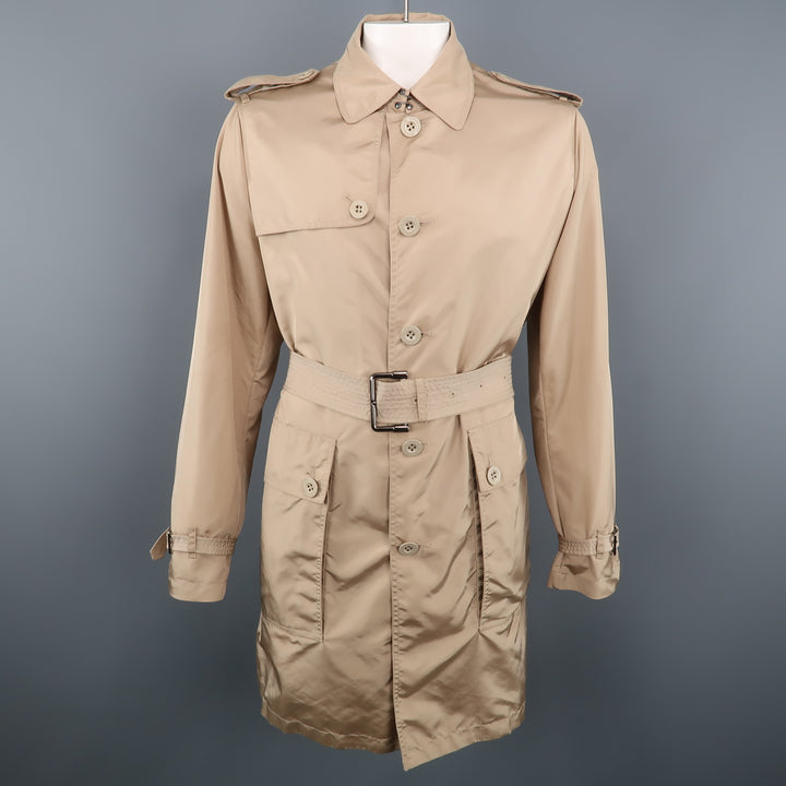 BURBERRY LONDON Chest Size L Khaki Solid Nylon Belted Trenchcoat