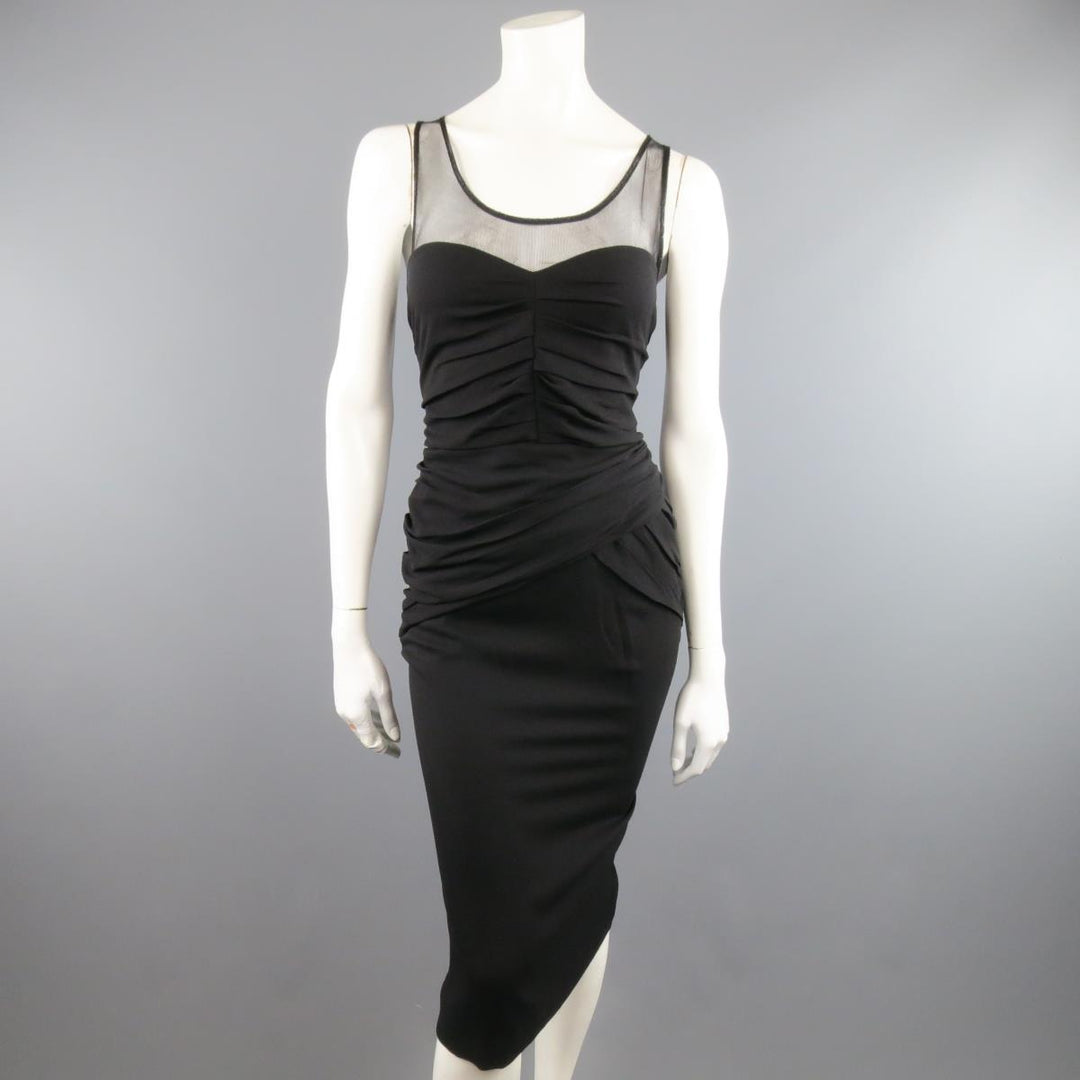 BURBERRY PRORSUM Size 10 Black Draped Silk & Mesh Cocktail Dress