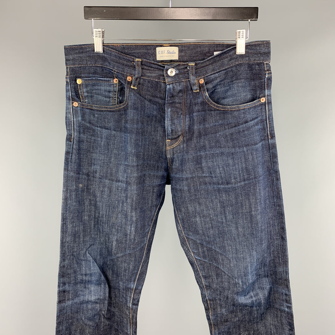 C.O.F. STUDIO 32 x 30 Indigo Contrast Stitch Selvedge Denim Button Fly Jeans