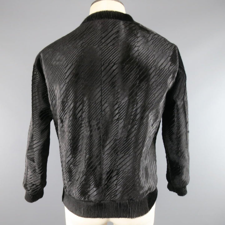 CALVIN KLEIN COLLECTION Size 38 Black Embossed Ponyhair Crewneck Pullover Sweater