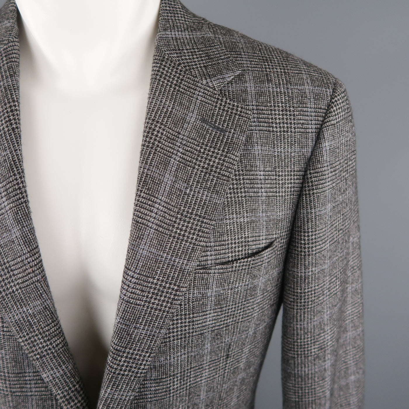 CANALI 40 Regular Grey & Black Glenplaid Wool / Cotton Sport Coat