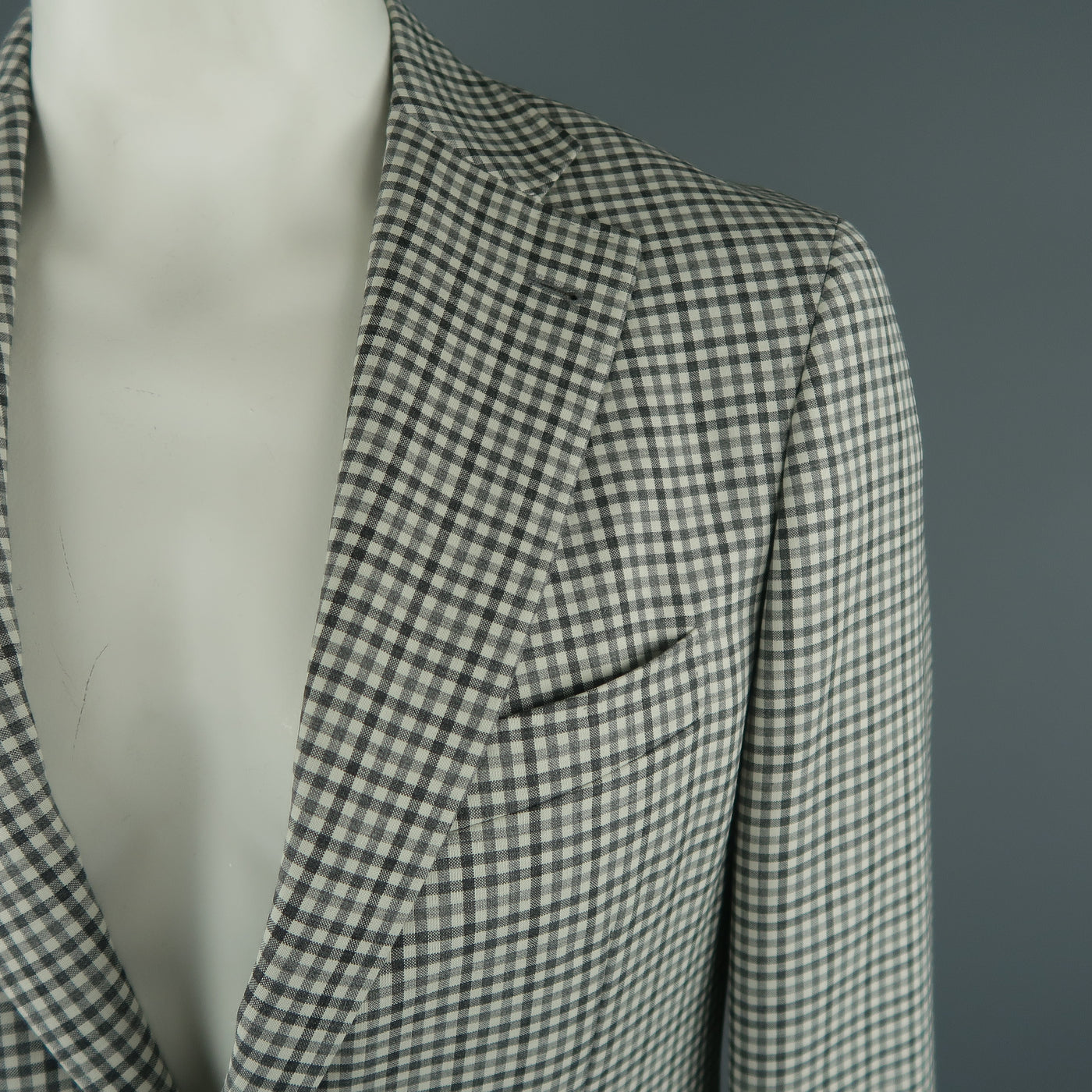 CANALI Chest Size 42 Regular Checkered Grey Wool Notch Lapel Sport Coat