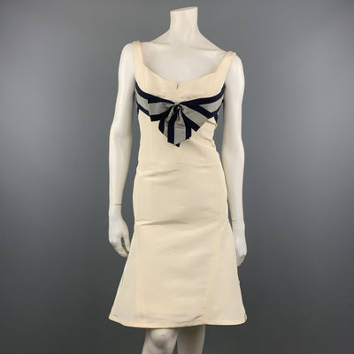 CAROLINA HERRERA Size 6 Cream Silk Flair Skirt Navy Ribbon Cocktail Dress
