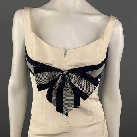 CAROLINA HERRERA Taille 6 Crème Soie Flair Jupe Ruban Marine Robe de Cocktail