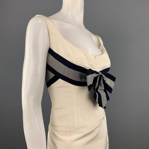 CAROLINA HERRERA Taille 6 Crème Soie Flair Jupe Ruban Marine Robe de Cocktail