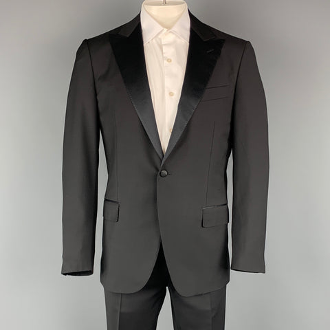 CARUSO 42 Black Solid Wool / Mohair Peak Lapel Tuxedo