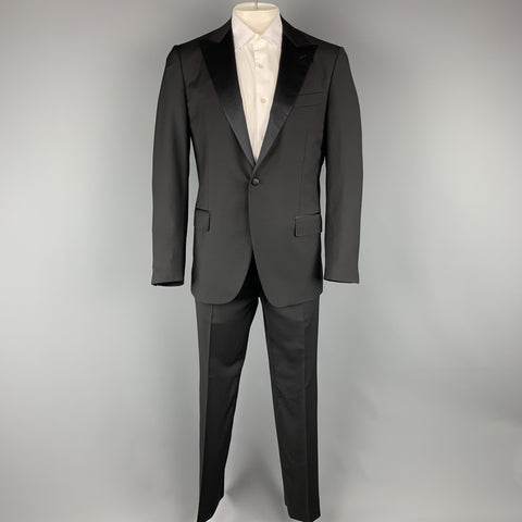 CARUSO 42 Black Solid Wool / Mohair Peak Lapel Tuxedo