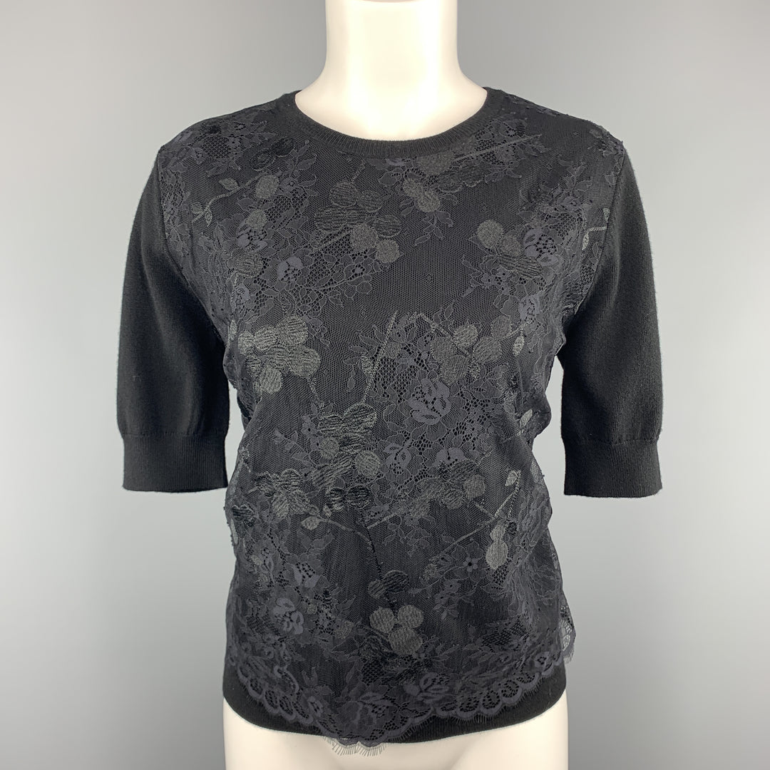 CARVEN Size L Black Merino Wool Lace Overlay Short Sleeve Pullover