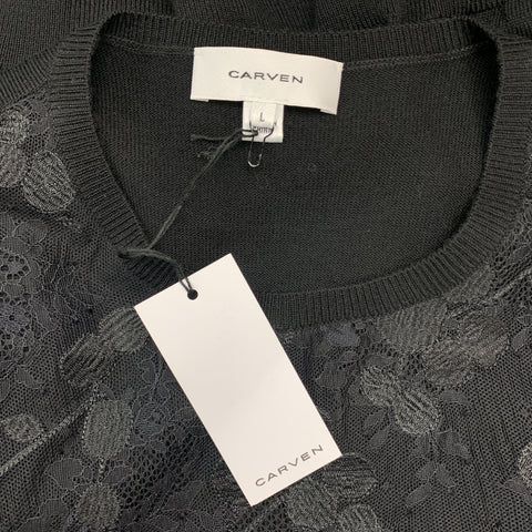 CARVEN Size L Black Merino Wool Lace Overlay Short Sleeve Pullover
