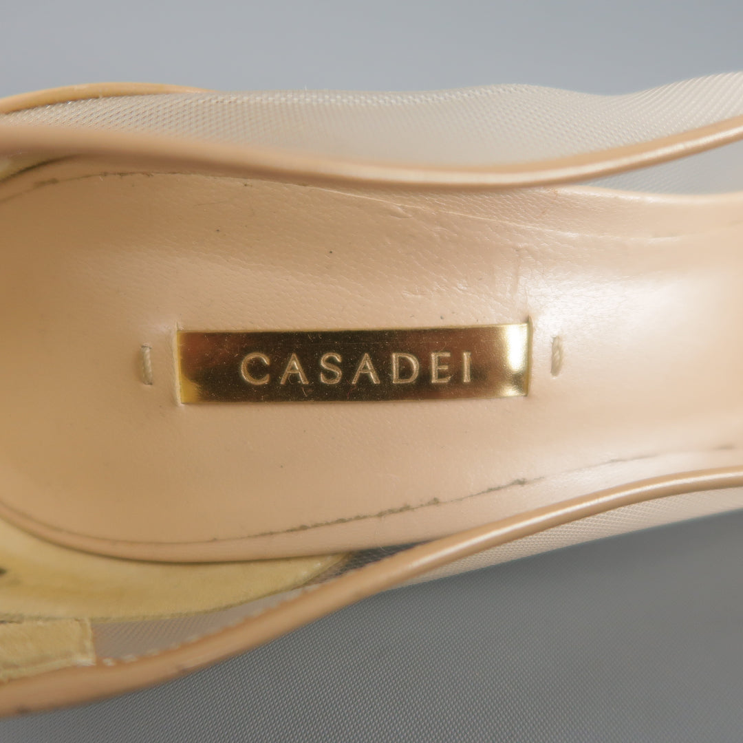 CASADEI Size 12 Beige Mesh Patent Leather Pumps
