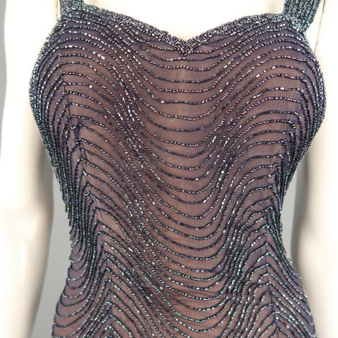CASSANDRA STONE Size 8 Navy Beaded Silk Chiffon Evening Gown