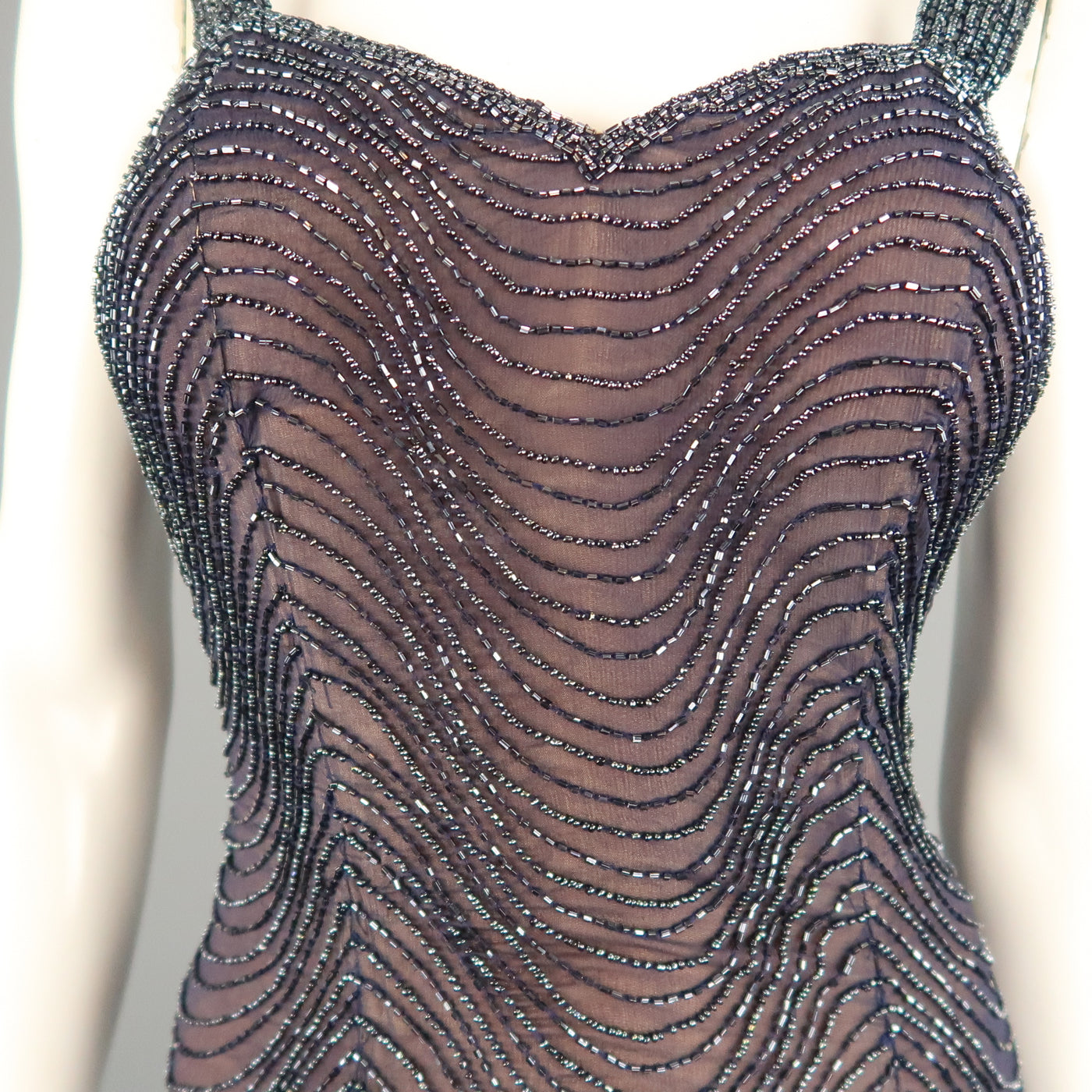 CASSANDRA STONE Size 8 Navy Beaded Silk Chiffon Evening Gown