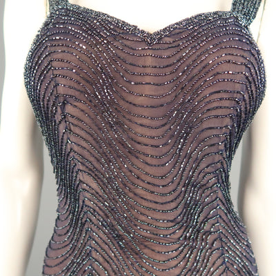 CASSANDRA STONE Size 8 Navy Beaded Silk Chiffon Evening Gown