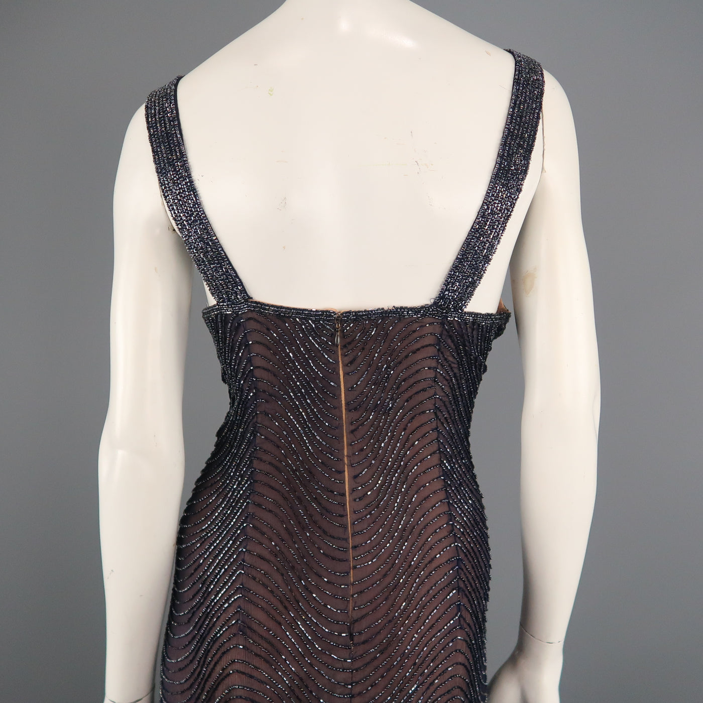 CASSANDRA STONE Size 8 Navy Beaded Silk Chiffon Evening Gown