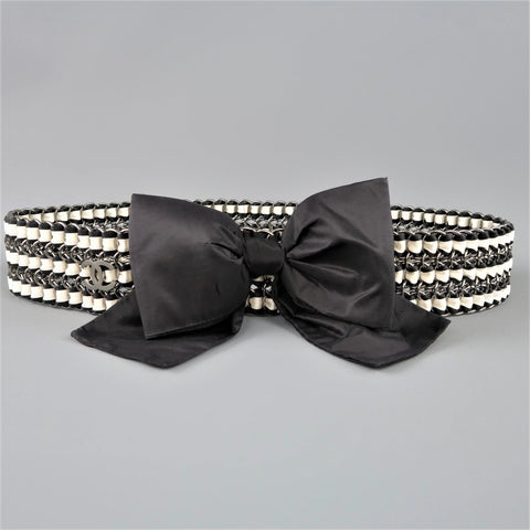 CHANEL Autumn 2006 Black & Cream Woven Silk Ribbon & Chain Bow Belt CHANEL