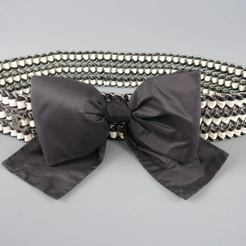 CHANEL Autumn 2006 Black & Cream Woven Silk Ribbon & Chain Bow Belt CHANEL