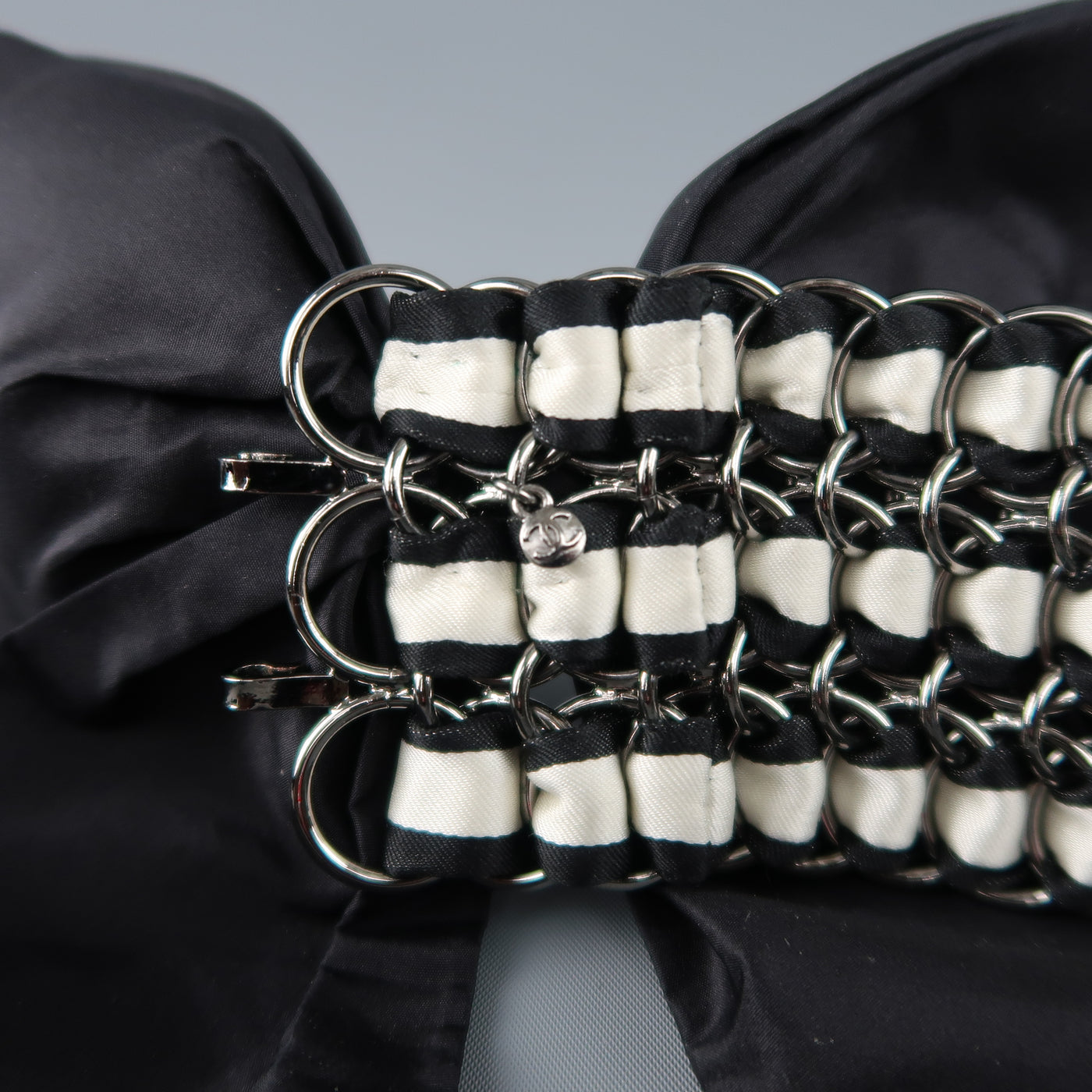 CHANEL Autumn 2006 Black & Cream Woven Silk Ribbon & Chain Bow Belt