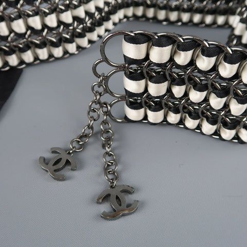CHANEL Autumn 2006 Black & Cream Woven Silk Ribbon & Chain Bow Belt CHANEL