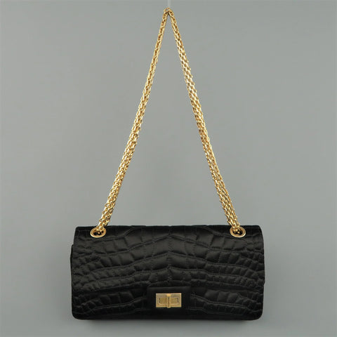 CHANEL Black Alligator Quilted Silk Gold Chain Reissue Shoulder Bag CHANEL
