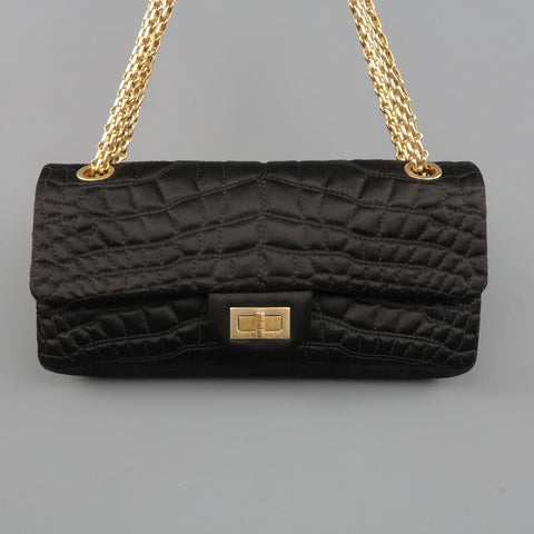 CHANEL Black Alligator Quilted Silk Gold Chain Reissue Shoulder Bag CHANEL