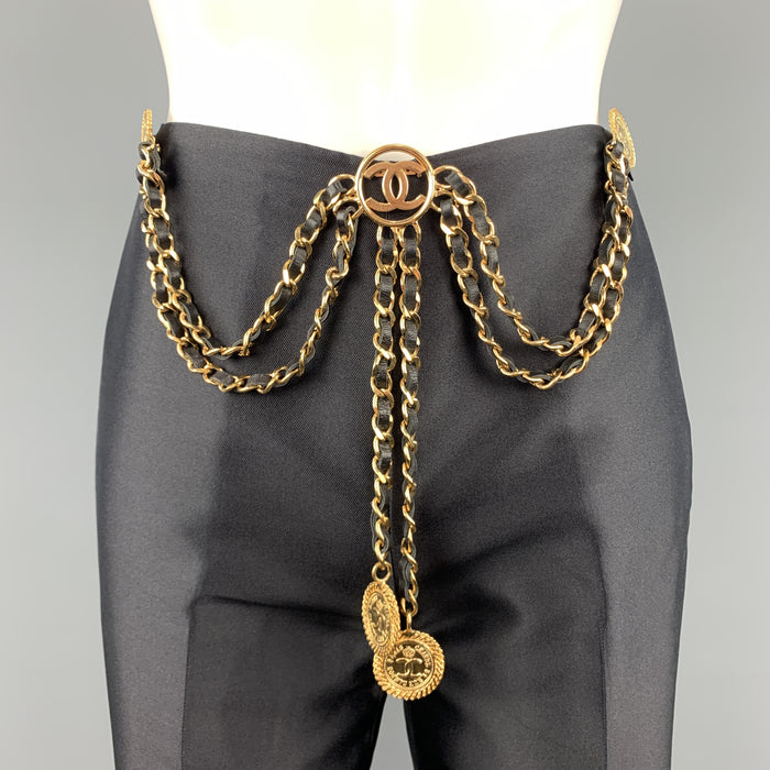 CHANEL Gold Tone Metal Leather Chain Triple 3 Pin Chatelaine Brooch Belt