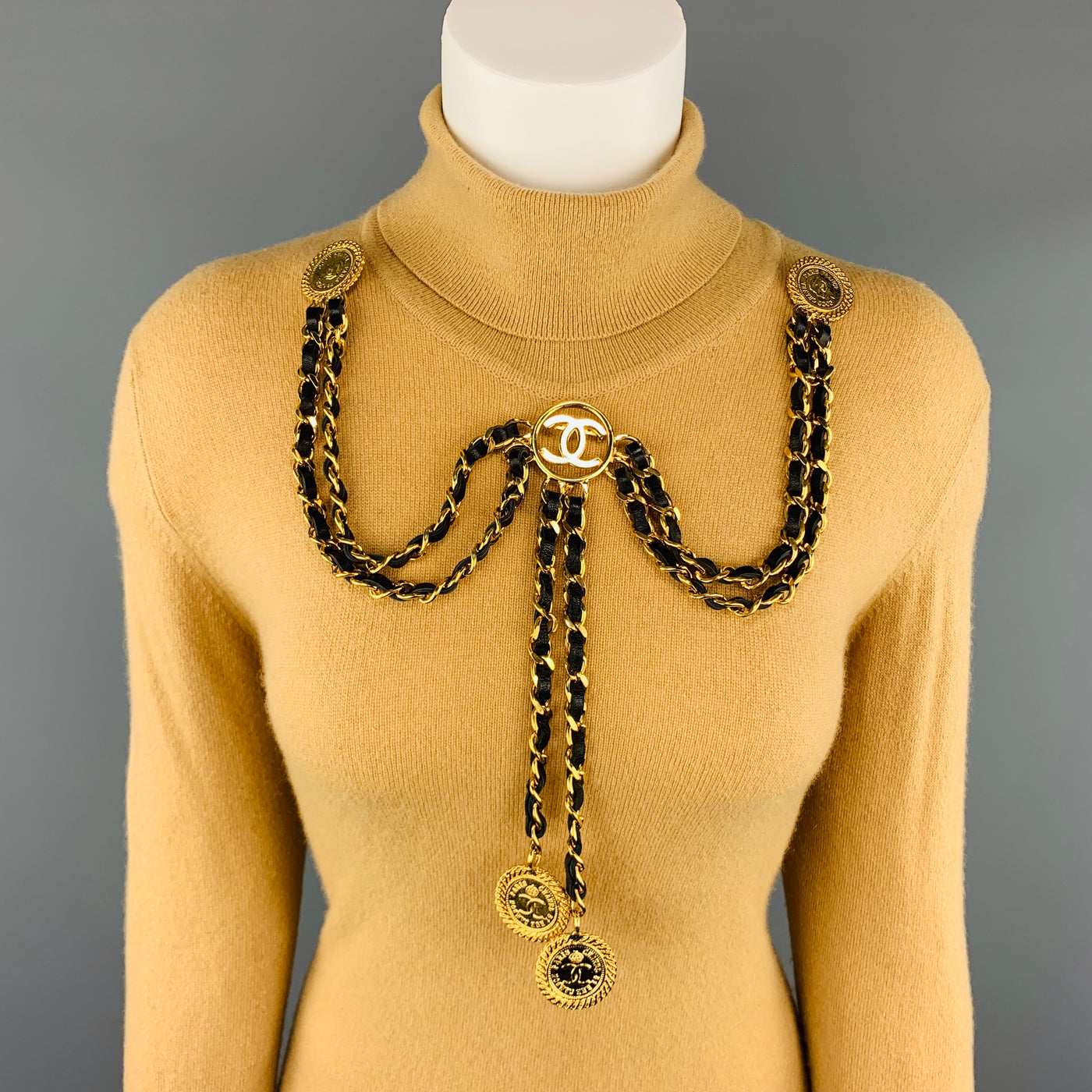 CHANEL Gold Tone Metal Leather Chain Triple 3 Pin Chatelaine Brooch Belt
