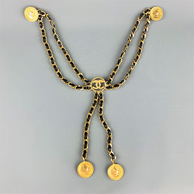 CHANEL Gold Tone Metal Leather Chain Triple 3 Pin Chatelaine Brooch Belt