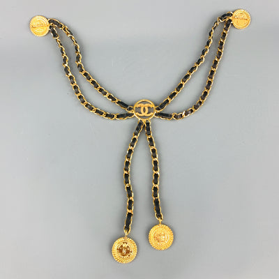 CHANEL Gold Tone Metal Leather Chain Triple 3 Pin Chatelaine Brooch Belt